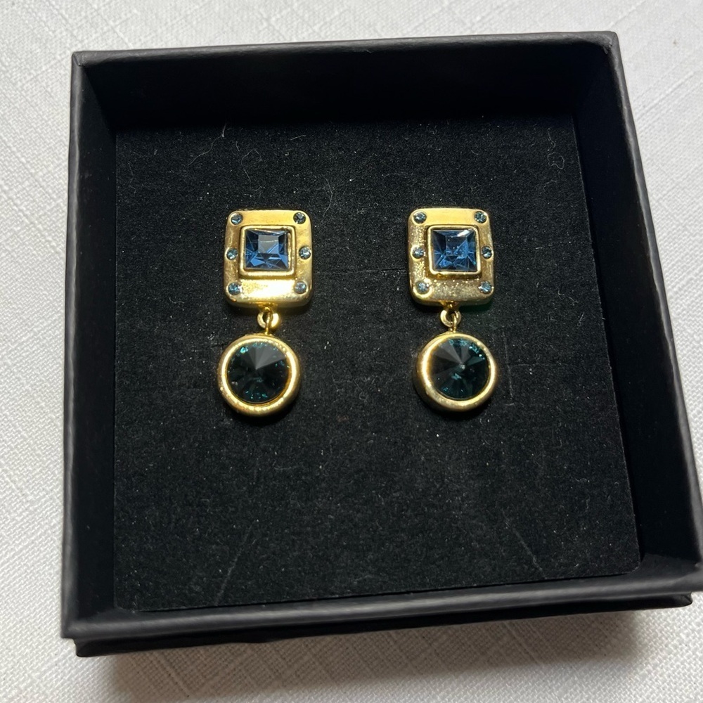 Vintage MCM Gold and Blue Drop Stud Hanging Earrings